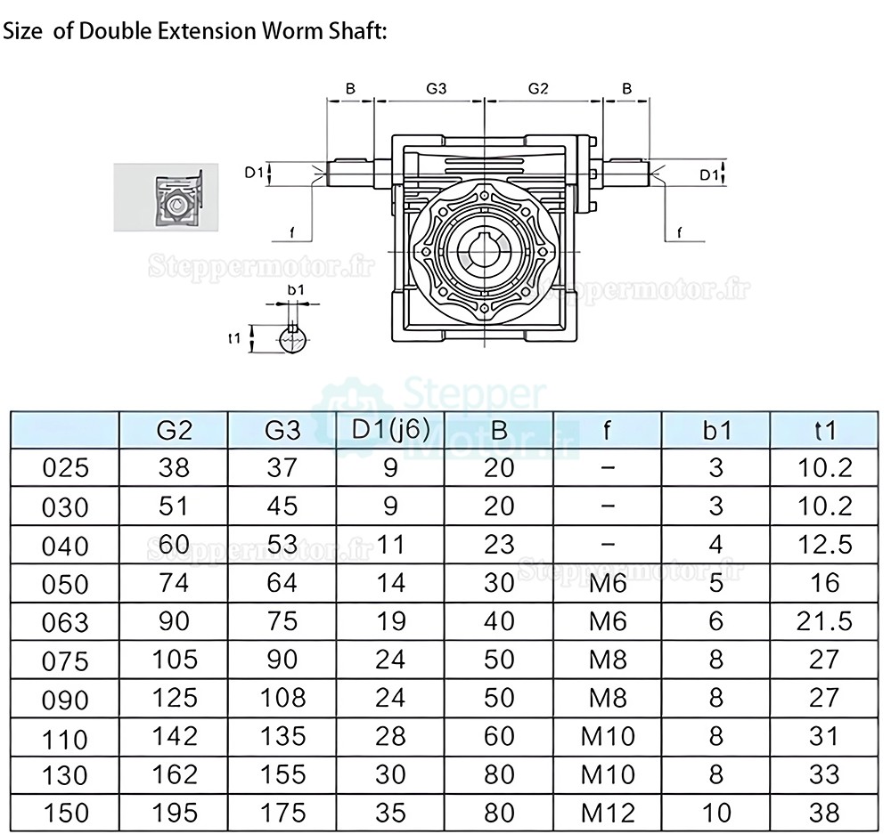 R&eacute;ducteur &agrave; vis sans fin s&eacute;rie NRV030-VS, rapport 5:1 &agrave; 80:1, arbre d'entr&eacute;e 9 mm, al&eacute;sage de sortie 14 mm, avec double arbre d'entr&eacute;e